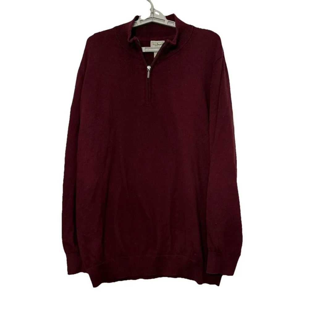 L.L. Bean‎ Sweater Wicked Soft Cotton Cashmere Maroon 1/4 Zip Men's XXL Tall